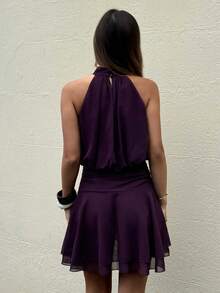 Aloruh Purple Sleeveless Waist Cinched Mini Dress, Elegant Solid Color Office Wear - Purple - View 2