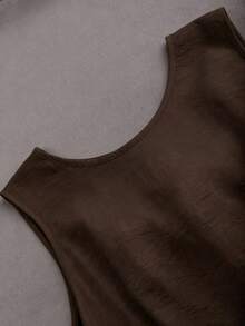 Franclia Plus Size Women Summer Casual Vacation Solid Color Woven Round Neck Sleeveless Patchwork Ruffle Bow Tie Back Tank Top - Brown - View 3