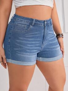 EMERY ROSE Plus Size Rolled Hem Washed Slim Fit Denim Shorts - Light Wash - View 5