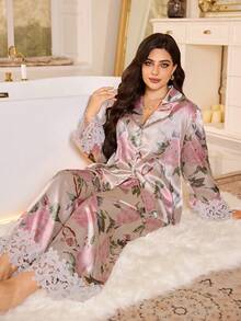 MuseNap CURVE Floral Print Faux Silk Patchwork Lace Trim Blouse And Pants Elegant Pajama Set - Multicolor - View 1