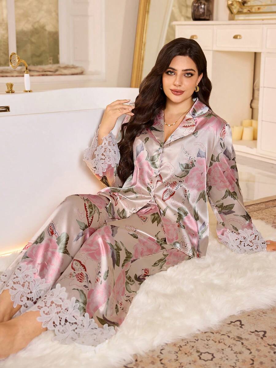 MuseNap CURVE Floral Print Faux Silk Patchwork Lace Trim Blouse And Pants Elegant Pajama Set - Multicolor - View 1