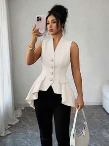 Elenzga Elegant & Fashionable Versatile Solid Black V-Neck Sleeveless Cinched Waist A-Line Asymmetric Hem Tailcoat Women's Regular Jacket - Apricot - View 7