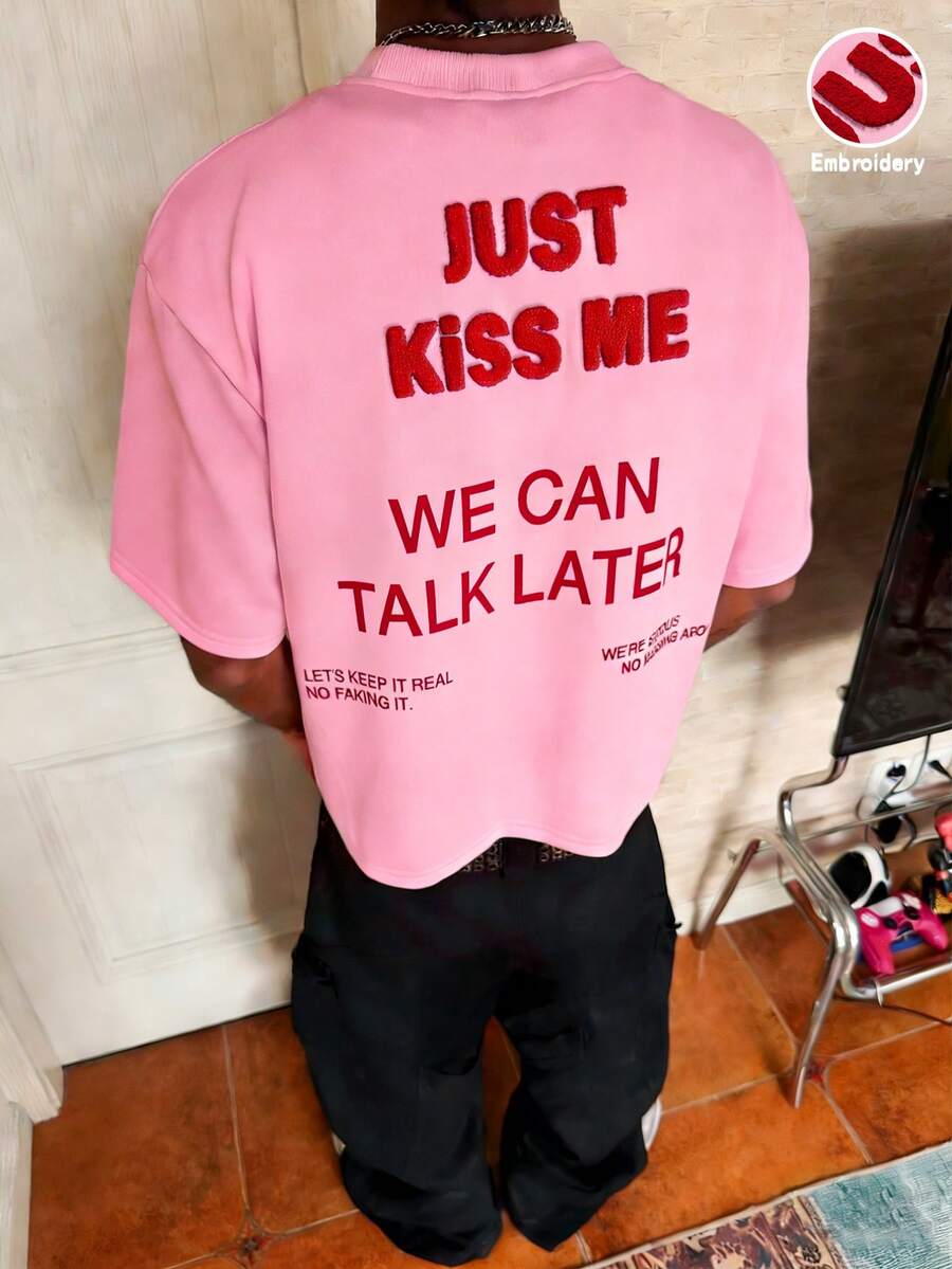 Manfinity Hypemode Street Casual Red Slogan 3D Embroidery White Loose T-Shirt - Pink - View 1