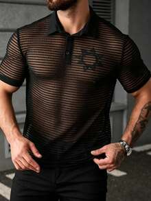Manfinity Homme 男士黑色夏季條紋短袖 Polo 衫，Techno Rave 復古 Y2K 拉鍊 T 恤，Old Money 休閒百搭通勤日常休閒派對禮物 - 黑色 - 查看 5