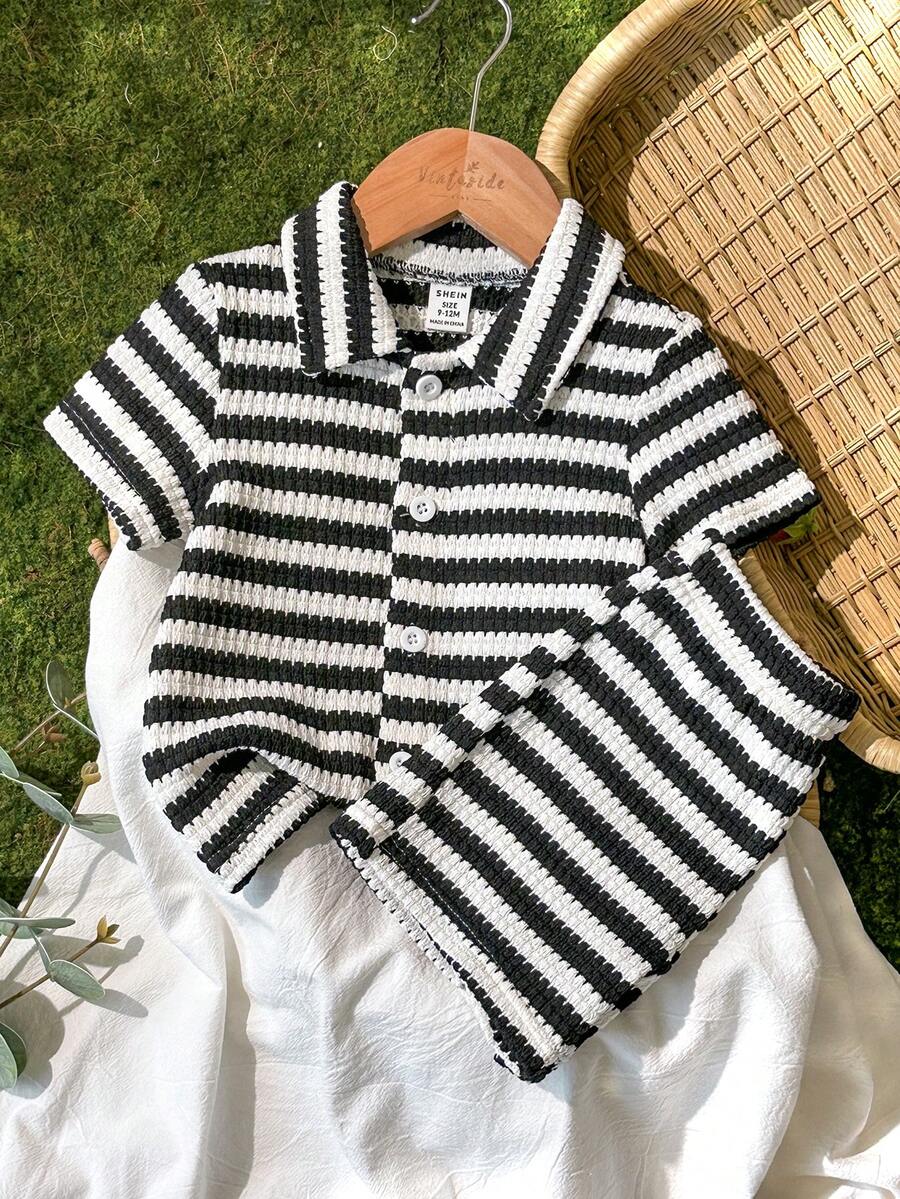Vintaside Kids 男婴夏季条纹短袖衬衫及配套条纹短裤套装,百搭休闲装,适合户外、日常、旅行及度假穿着。 - 黑色 - 查看 1