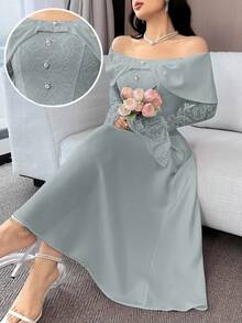Feyla Đầm dài tay trễ vai thanh lịch dành cho nữ, phối ren tương phản. - Màu xanh bụi bặm - Xem 1