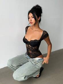 Aloruh 女士蕾丝拼接性感透视连体衣，适合约会之夜 - 黑色 - 查看 7