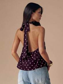 SHEIN BAE 黑白波点露背吊带性感短款上衣，适合音乐节、度假等场合。 - 紫紅色 - 查看 2