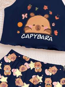 Cute Cartoon Capybara Pattern, Navy Blue, Tween Girl Casual Minimalist Fitted Camisole Top And Shorts Loungewear Set, Suitable For Summer, Chill Chill - Multicolor - View 4