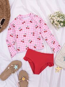 SHEIN Đồ bơi dài tay cho bé gái, đồ bơi dài tay bằng vải dệt kim họa tiết kẻ caro anh đào dễ thương, thiết kế thời trang giản dị thanh lịch, thích hợp cho bơi lội, kỳ nghỉ hè, bãi biển, hồ bơi, tiệc tùng. Bộ đồ bơi dài tay, đồ bơi hai mảnh cho bé gái, đồ bơi chống nắng cho bé gái, đồ bơi kẻ caro anh đào. - Đỏ - Xem 4