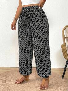 SHEIN Frenchy Quần ống rộng cỡ lớn in họa tiết toàn thân, kiểu dáng thường ngày, thắt nút, thích hợp cho kỳ nghỉ. - màu đen - Xem 5