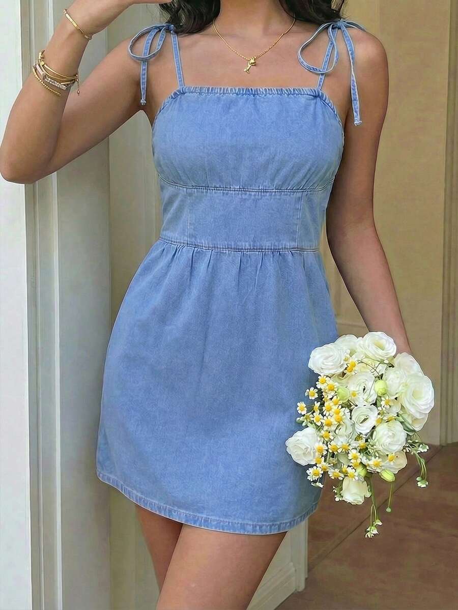 SHEIN SunnyBelle Women's Ruched Casual Denim Strap Dress For Dating And Daily Wear - Light Wash - View 1