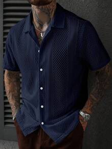SLATEMANN Plus Size Men's Solid Color Textured Knit Jacquard Short Sleeve Shirt - Royal Blue - View 4