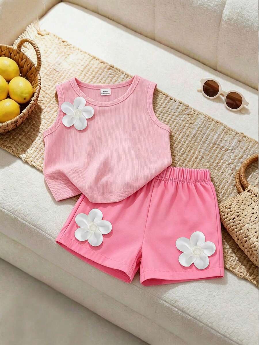 SHEIN Set Atasan Tanpa Lengan dan Celana Pendek Kasual Musim Panas untuk Bayi Perempuan - Berwarna merah muda - View 1