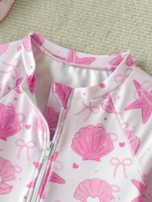 SHEIN Bộ đồ bơi dài tay in hình vỏ sò màu hồng cho bé gái (kèm mũ), bộ đồ bơi cho bé gái, trang phục đi biển cho bé gái, bộ đồ bơi dài tay đi biển thích hợp cho kỳ nghỉ, bộ đồ bơi cổ tròn có khóa kéo mùa hè. - Màu Hồng baby - Xem 8