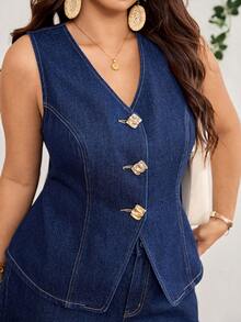 SHEIN CURVE+ Plus Size Women's Navy Blue Denim 2 Pieces Set,Summer Smart Casual Sleeveless Single-Breasted V Neck Top And Wide-Leg Palazzo Jeans For Everyday Wear - Dark Wash - View 4