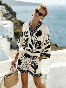 Breezaya 黑白花卉印花度假套装 女款，V领宽松上衣+高腰短裤 休闲两件套 - 彩色 - 查看 5
