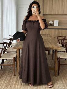 Weeklong Plus Size Casual Solid Color Asymmetric-Shoulder Dress With 3D Floral Decor Day - Coffee Brown - View 5