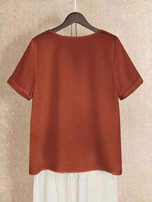 EMERY ROSE Camisa de mujer de unicolor, cuello redondo, casual y versátil para uso diario - Color caoba - Ver 2