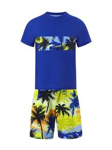 SHEIN Tween Boys Swimwear Set, Coconut Tree Print Short Sleeve Rash Guard Top Paired With Beach Shorts, Casual Sports Swimsuit For Summer - Multicolor - View 7