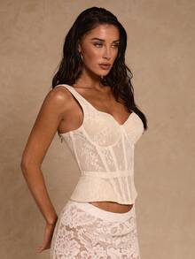 Glamine Áo camisole nữ cổ tim ren hoa ôm sát, thanh lịch - trắng - Xem 4