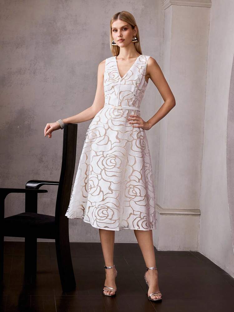 FRENCH DESIGN NICHE DEEP V SEXY SLEEVELESS CINCHED WAIST A-LINE MIDI DRESS