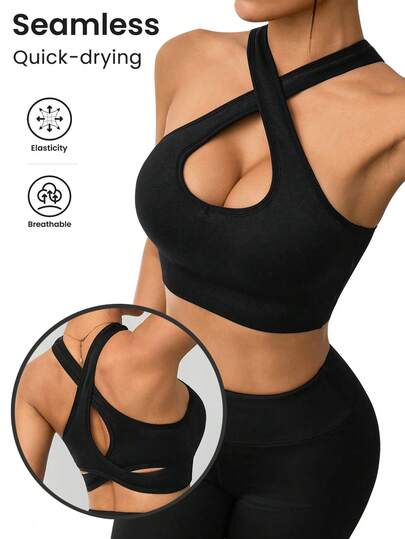 Dewbera Women's Seamless Solid Color Sports Bra, Front Criss-Cross Strap Design, Criss-Cross Back Sports Bra, Suitable For Fitness And Daily Wear