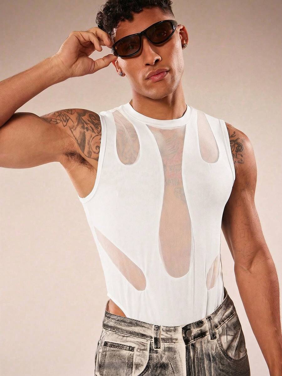 FeverCity Men's Sexy Mesh Patchwork Jumpsuit - White - View 1