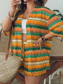 Comfylo 大码女式蓝白条纹针织衫短裤两件套，夏季度假母亲节节日女装，节日两件套/沙滩两件套/度假套装，女式度假两件套/夏季两件套/沙滩和服罩衫，女式沙滩罩衫，波西米亚风和服，女式波西米亚风度假套装，女式罩衫 - 彩色 - 查看 7