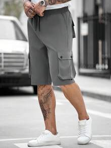 Manfinity CasualCool Quần short nam kiểu cargo nhiều túi, màu trơn, có dây rút. - Màu xám đen - Xem 5