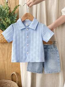 SHEIN Vintaside Kids Baby Boy Single-Breasted Short Sleeve Shirt And Denim Shorts Casual Daily Outfit - Blue - View 3