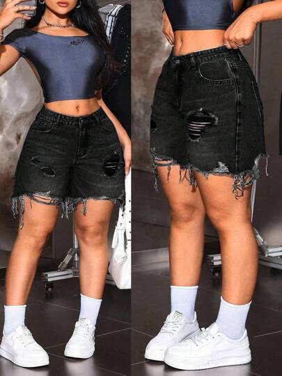 Jeanoix Quần short denim nữ cỡ lớn, rách gối, gấu quần tua rua, kiểu dáng thường ngày.