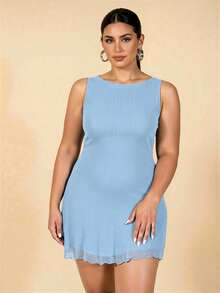 SHEIN BAE Plus Size Women Sleeveless Mesh Dress, Spring/Summer - Baby Blue - View 10