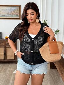 Breezaya Áo khoác cardigan ngắn tay cổ chữ V khoét lỗ dành cho nữ cỡ lớn - màu đen - Xem 7