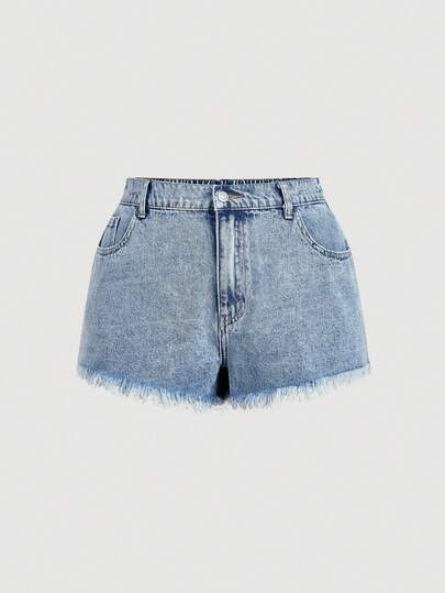 Sweetra Plus Size Women Casual Light Blue Denim Shorts, Versatile For Everyday Wear