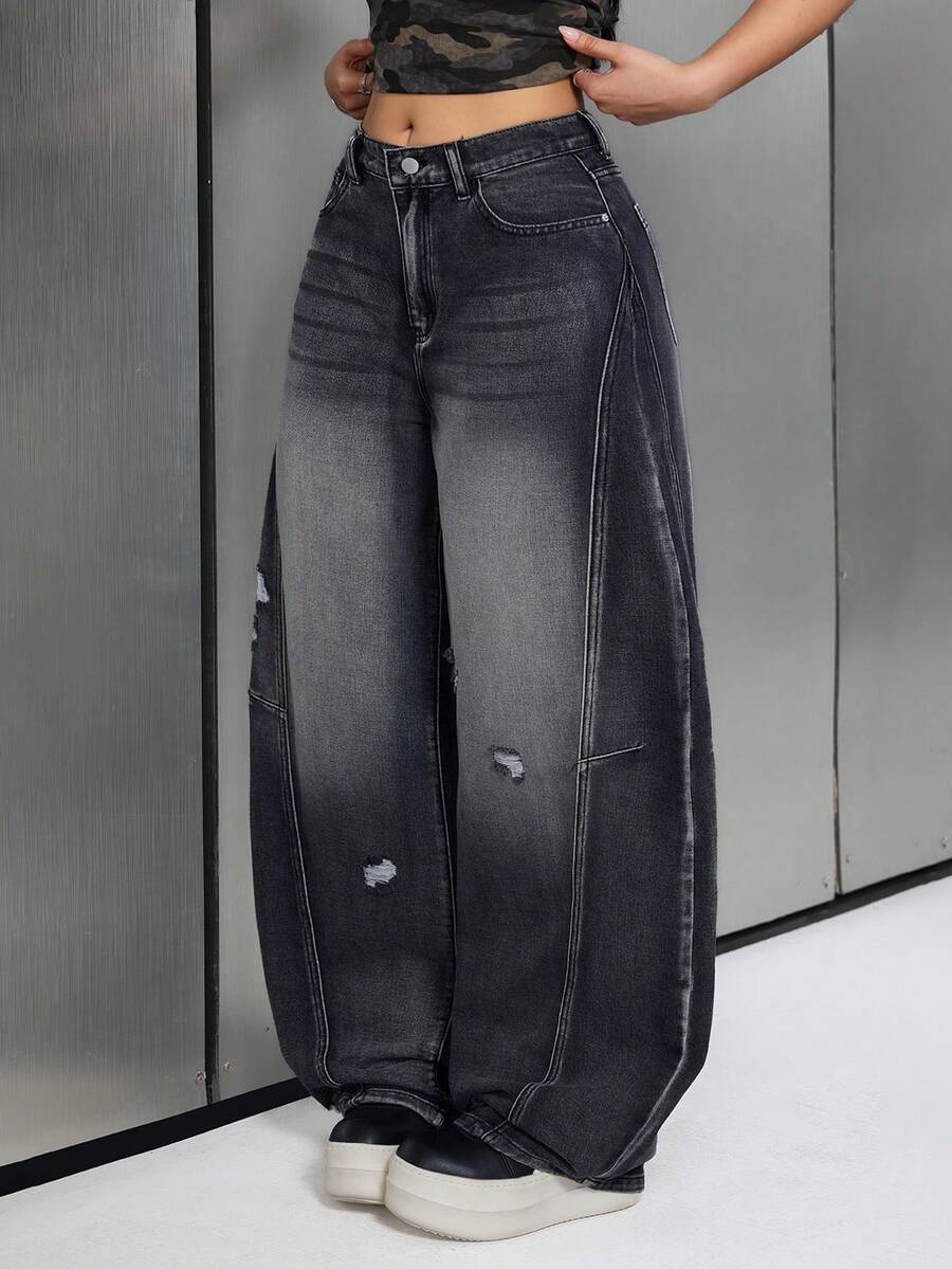 Jeanoix Jeans de pierna acampanada lavados de moda casual para mujer - Negro - Ver 1