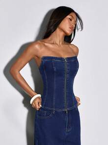 Avantive Women's Casual Versatile Zip-Up Denim Camisole Top For Daily Wear - Royal Blue - View 6