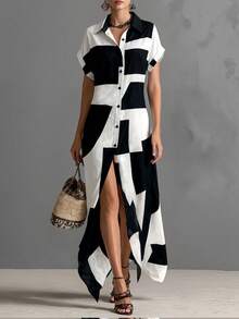 SHEIN Holidaya 女士几何印花短袖单排扣休闲衬衫裙 - 黑與白 - 查看 1