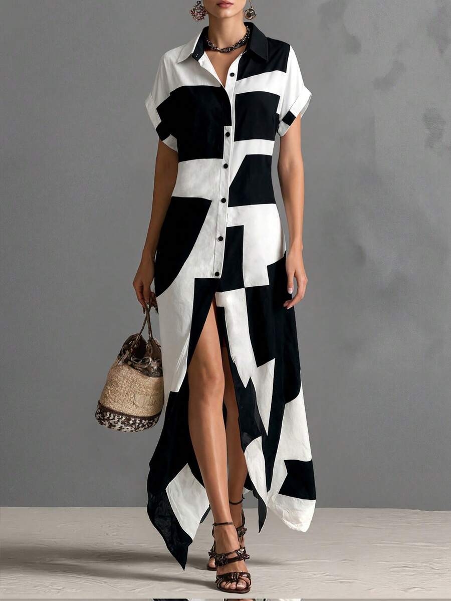 SHEIN Holidaya 女士几何印花短袖单排扣休闲衬衫裙 - 黑與白 - 查看 1