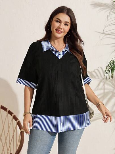 Comfylo Damen Große Größen Patchwork gestreiftes Kurzarm Lässig Loose Hemd