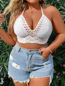 Flirla Plus Size Women Hand-Crocheted Neck Tie Beach Cover Up Knit Top - White - View 3