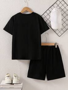 Vacaura 2pcs/Set Boys' Casual Colorblock Round Neck T-Shirt Set, Comfortable And Fashionable For Daily, School, And Sports Wear - Black - View 2