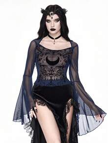 ROMWE Goth 深色复古宫廷藤蔓月亮图案植绒薄纱网眼女式衬衫 - 藍色 - 查看 5