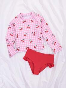 SHEIN Đồ bơi dài tay cho bé gái, đồ bơi dài tay bằng vải dệt kim họa tiết kẻ caro anh đào dễ thương, thiết kế thời trang giản dị thanh lịch, thích hợp cho bơi lội, kỳ nghỉ hè, bãi biển, hồ bơi, tiệc tùng. Bộ đồ bơi dài tay, đồ bơi hai mảnh cho bé gái, đồ bơi chống nắng cho bé gái, đồ bơi kẻ caro anh đào. - Đỏ - Xem 7