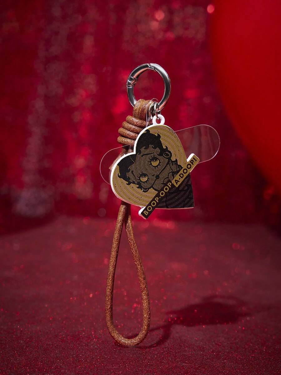 Betty Boop x SHEIN 1 pieza Llavero colgante de cuerda de vaca sólida con diseño retro de Betty Boop Love Round, llavero tejido a mano para teléfono móvil - Multicolor - Ver 1