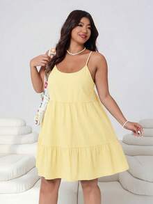 Solflare Gaun Camisole Tanpa Punggung dengan Hem Berkerut Warna Polos untuk Wanita Ukuran Plus, Musim Semi/Panas - Angsa kuning - View 7