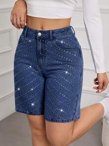 SHEIN Tall Summer TALL Women's Party, Leisure, Holiday, Vacation Sparkling Rhinestone Design Rhinestone Decor Pocket Skinny Fashion Denim Shorts Jorts - Dark Wash - View 7