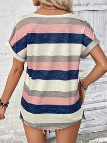 EMERY ROSE Color Block Striped Batwing Sleeve Casual T-Shirt Graphic Tees Women Tops Day Time Navy Blue Summer - Multicolor - View 2