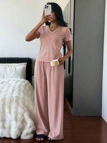 DAZY 2pcs/Set Women Striped V-Neck Short Sleeve T-Shirt And Straight Long Pants Pajama Set, Spring & Summer - Pink - View 8