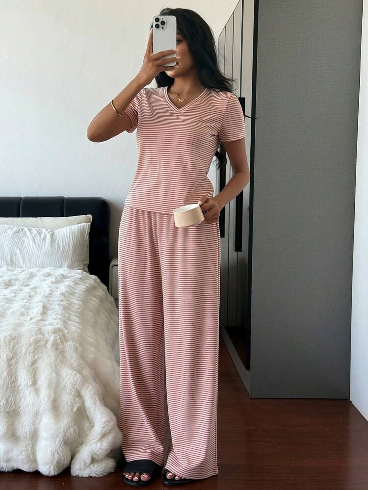 2pcs/Set Women Striped V-Neck Short Sleeve T-Shirt And Straight Long Pants Pajama Set, Spring & Summer